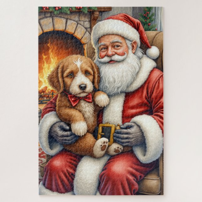 Quebra-cabeça Papai Noel segurando a arte de Natal do Bernedoodl (Vertical)