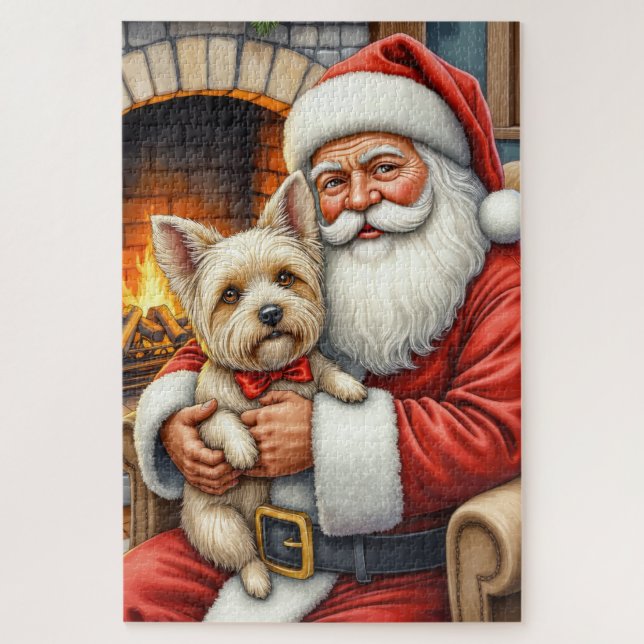 Quebra-cabeça Papai Noel segurando a arte de Natal do Cairn Terr (Vertical)