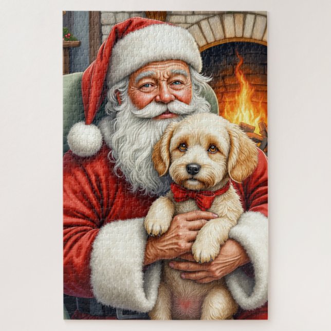 Quebra-cabeça Papai Noel segurando a arte de Natal do Cockapoo (Vertical)