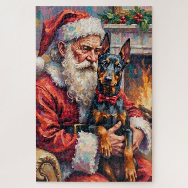 Quebra-cabeça Papai Noel segurando a arte de Natal do Doberman (Vertical)