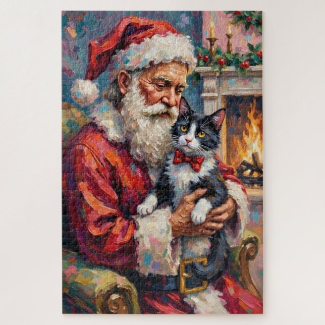 Quebra-cabeça Papai Noel segurando a arte de Natal do gato smoki (Vertical)