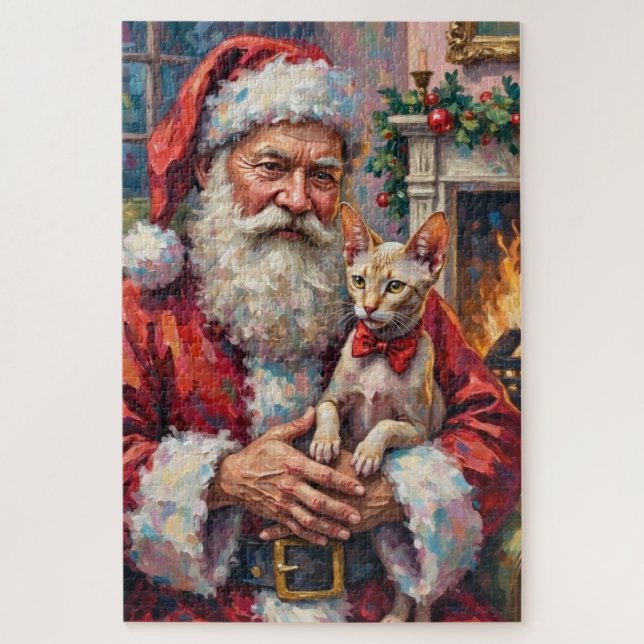 Quebra-cabeça Papai Noel segurando a arte de Natal do gato Sphyn (Vertical)