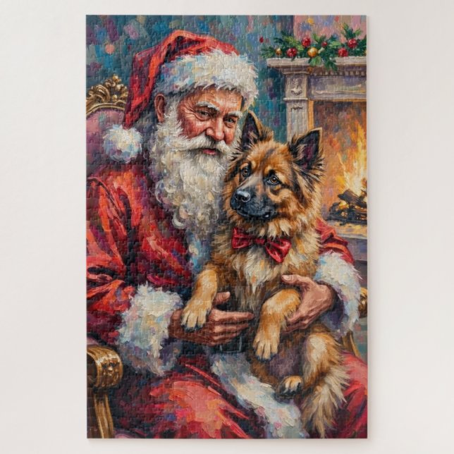 Quebra-cabeça Papai Noel segurando a arte de Natal do Keeshond (Vertical)
