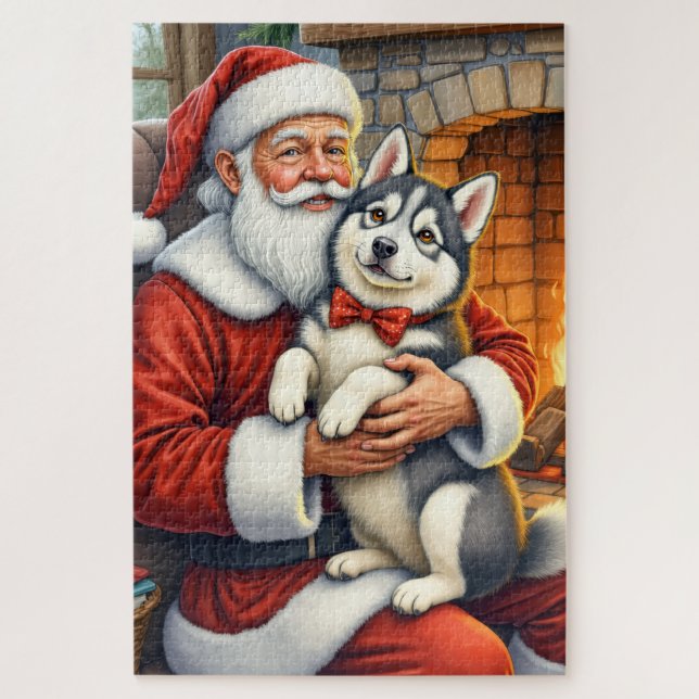 Quebra-cabeça Papai Noel segurando a arte de Natal do Malamute d (Vertical)