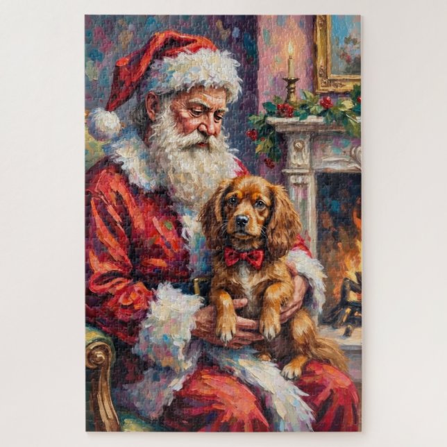 Quebra-cabeça Papai Noel segurando a arte de Natal do Spaniel Ti (Vertical)