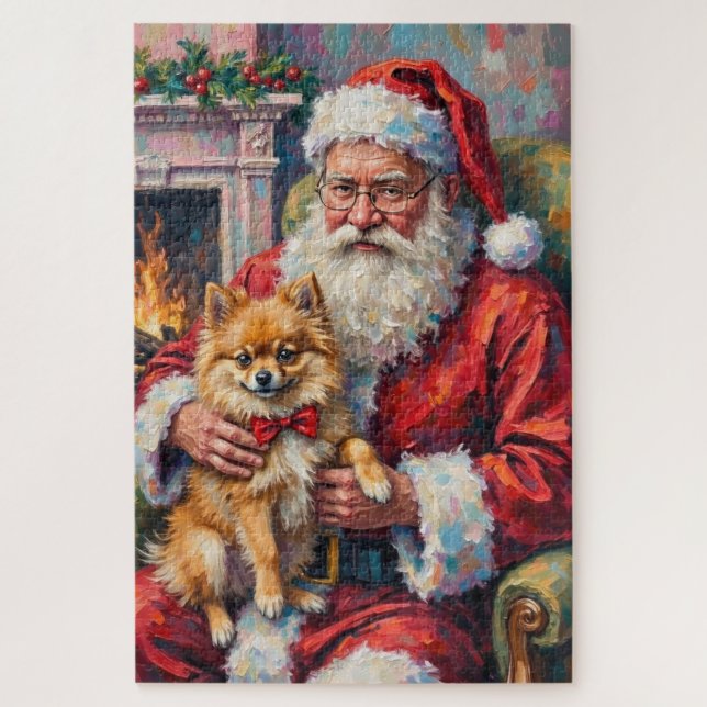 Quebra-cabeça Papai Noel Segurando Arte de Natal de Pomerânia (Vertical)