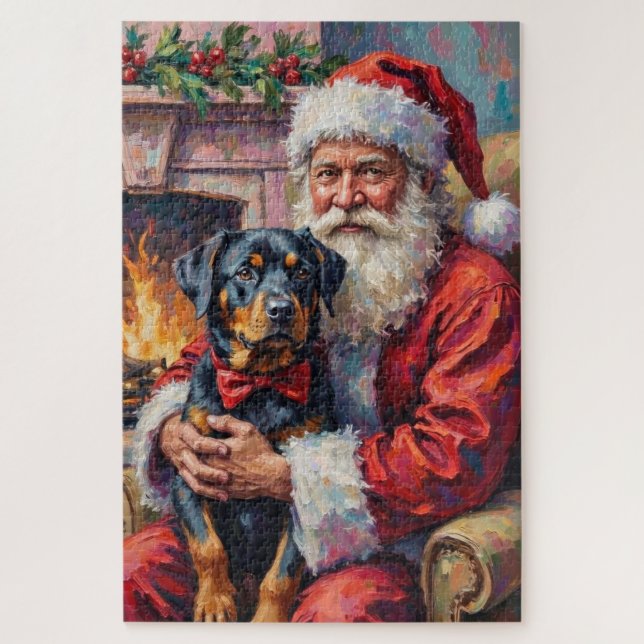 Quebra-cabeça Papai Noel segurando arte de Natal de Rottweiler (Vertical)