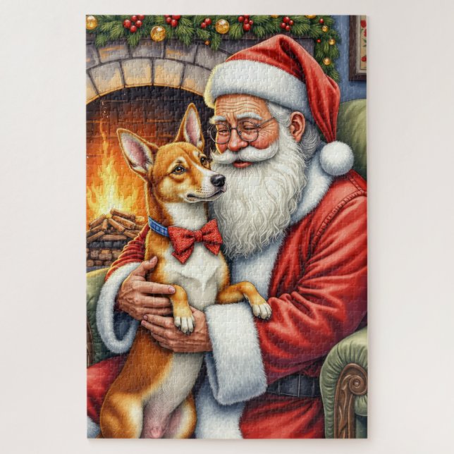 Quebra-cabeça Papai Noel segurando arte de Natal do Basenji (Vertical)