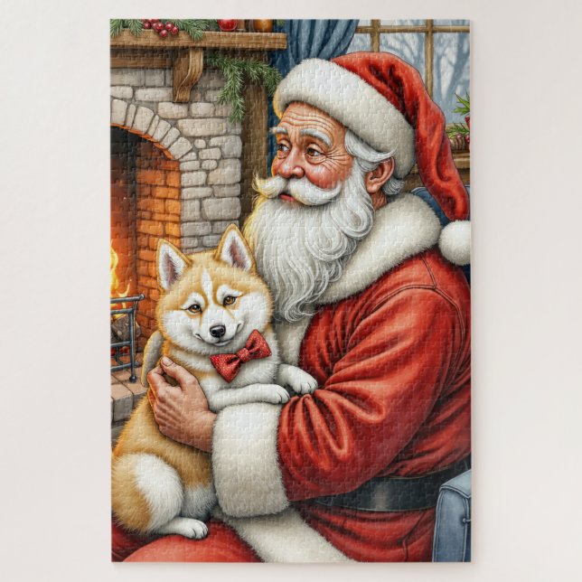 Quebra-cabeça Papai Noel segurando arte de Natal do cão esquimó  (Vertical)