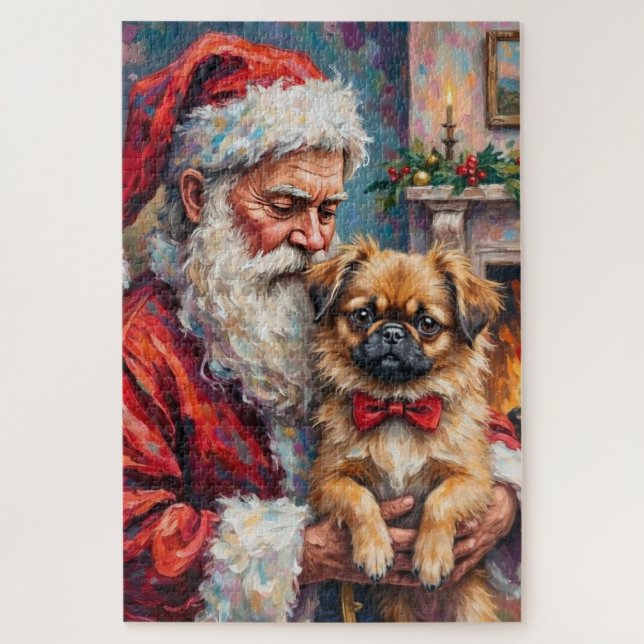 Quebra-cabeça Papai Noel Segurando Arte de Natal do Pequinês (Vertical)