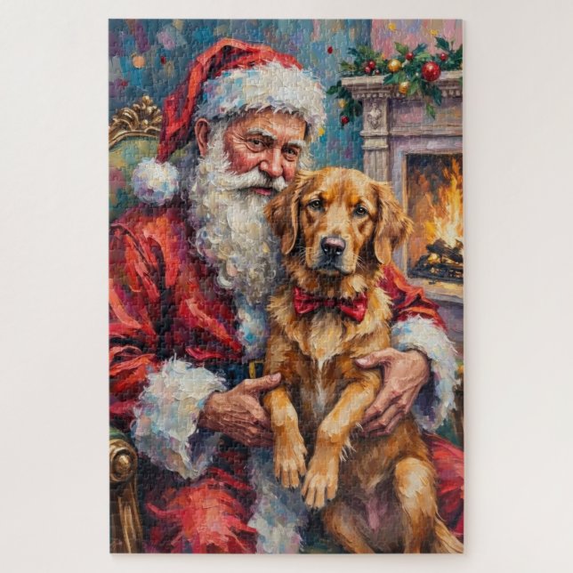 Quebra-cabeça Papai Noel segurando arte de Natal do Retriever Do (Vertical)
