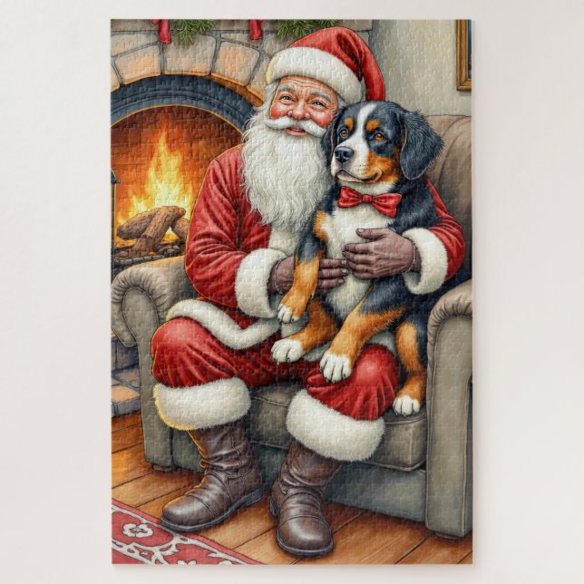 Quebra-cabeça Papai Noel segurando Bernese Mountain Dog no Natal (Vertical)