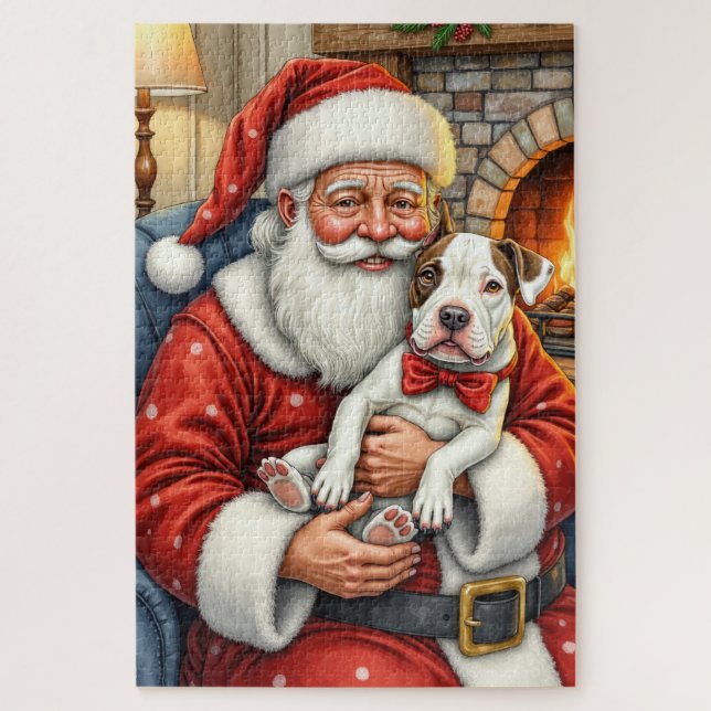 Quebra-cabeça Papai Noel Segurando Bull Terrier Arte de Natal (Vertical)