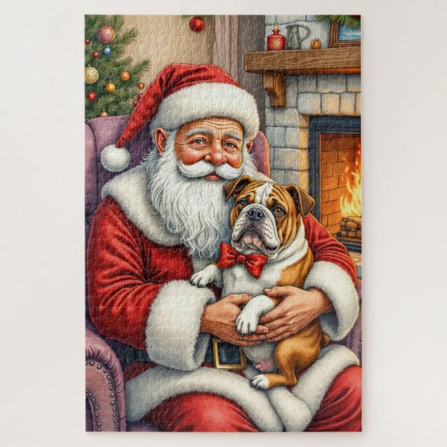 Quebra-cabeça Papai Noel Segurando Bulldog Arte de Natal (Vertical)