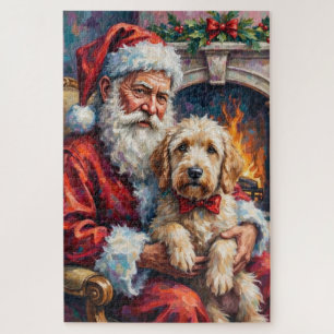Quebra-cabeça Papai Noel segurando o cão de pastor inglês antigo