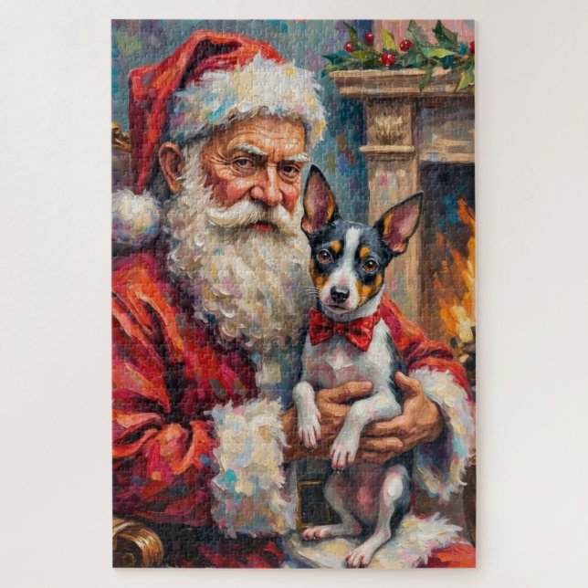 Quebra-cabeça Papai Noel Segurando Rat Terrier Arte de Natal (Vertical)