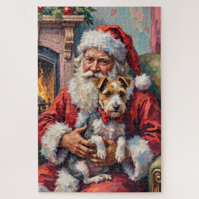 Quebra-cabeça Papai Noel segurando Wirefox Terrier Arte de Natal (Vertical)