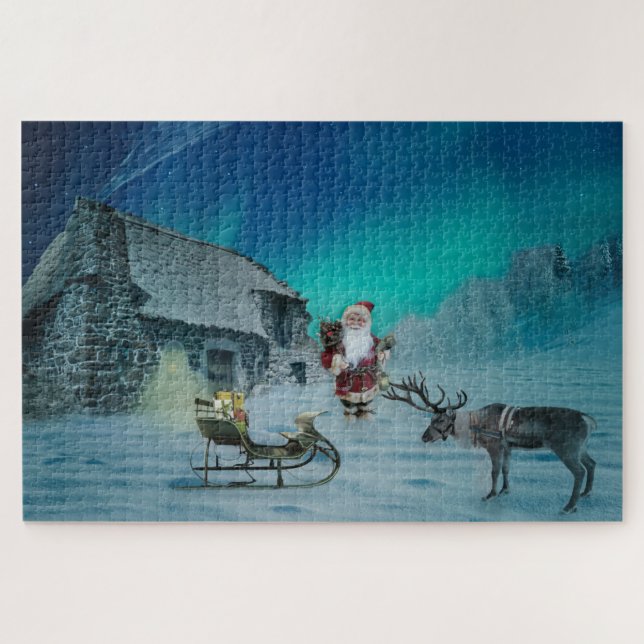 Quebra-cabeça Papais noeis com Reindeer Aurora Borealis Holiday  (Horizontal)