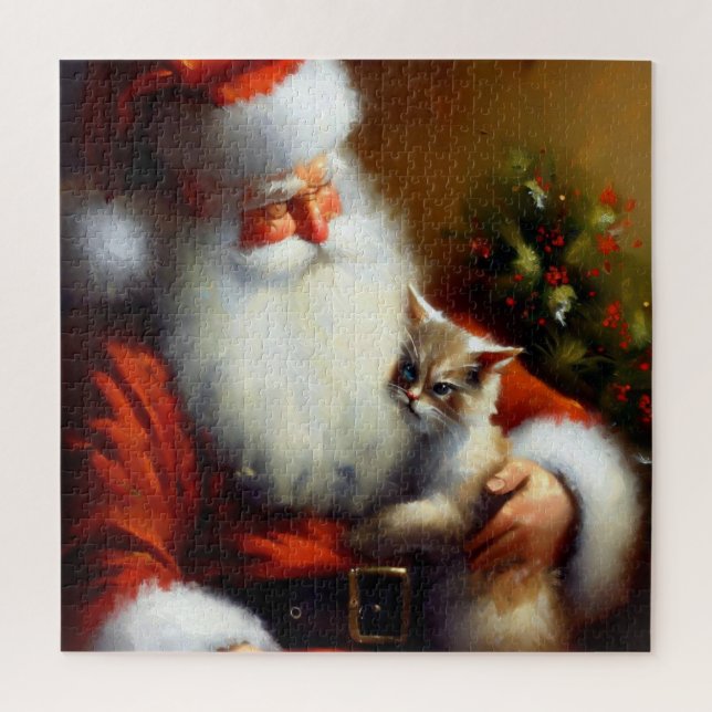 Quebra-cabeça Papais noeis de Natal e um Gato (3) (Vertical)