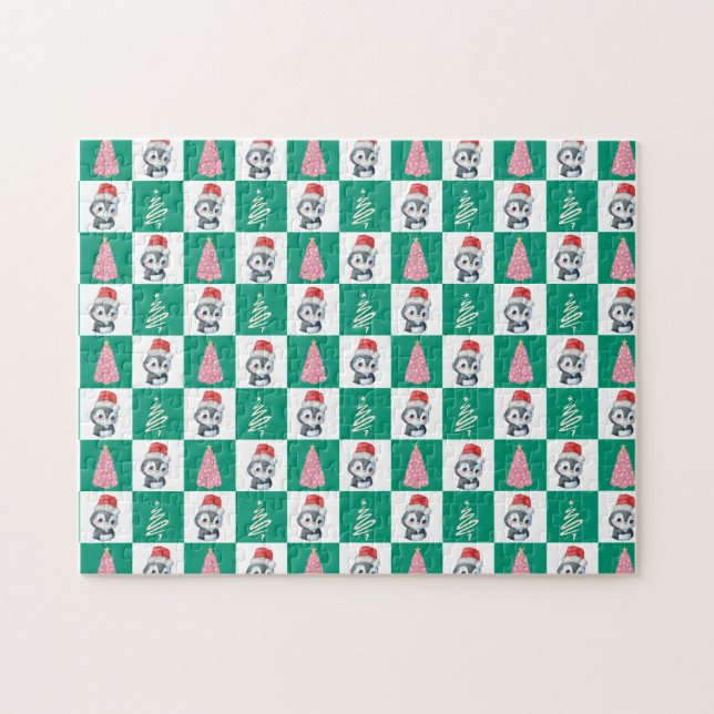 Quebra-cabeça Papais noeis de pinguim bonitos festa de árvore de (Horizontal)