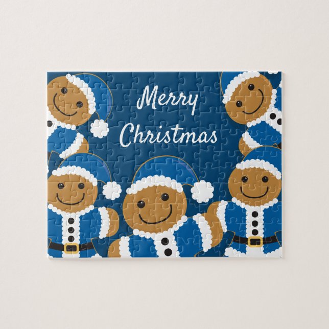 Quebra-cabeça Papais noeis Gingercake Men Cookie Blue Christmas (Horizontal)