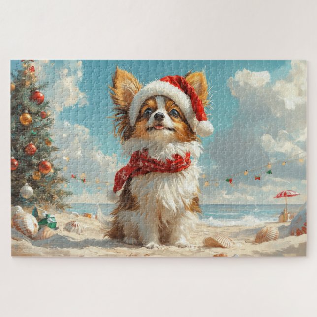 Quebra-cabeça Papillon Dog Christmas Vintage Beach (Horizontal)