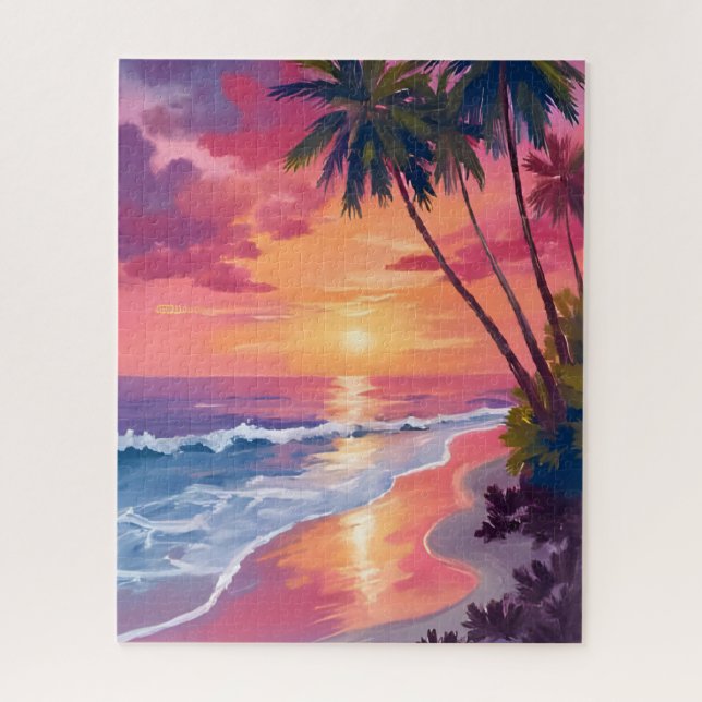 Quebra-cabeça Paradise Sunset | Pink Tropical Watercolor Beach (Vertical)