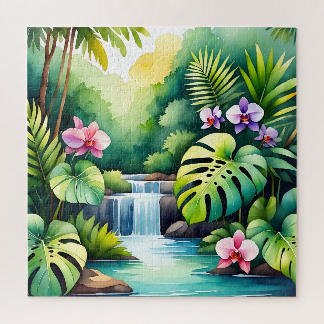 Quebra-cabeça Paraíso de Orquídeas da Cachoeira da Selva Tropica (Vertical)