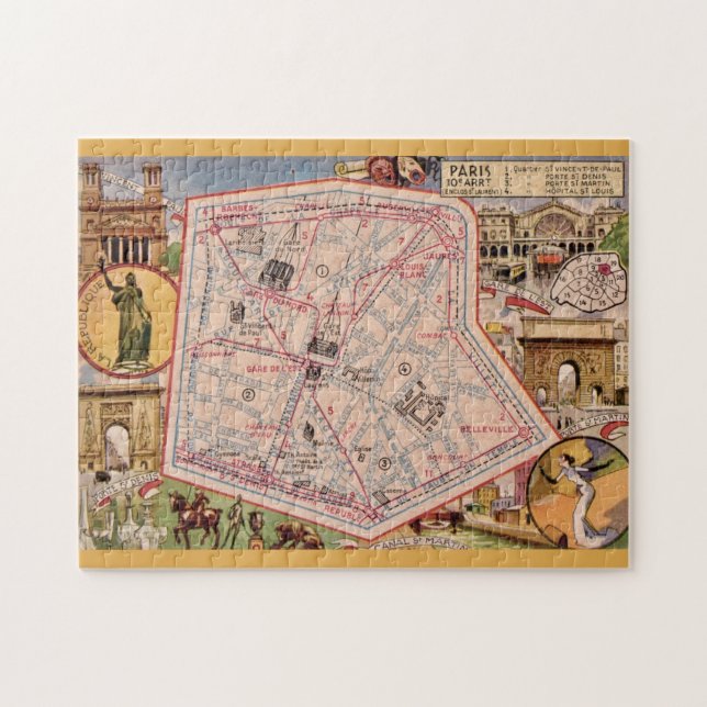 Quebra-cabeça Paris France Vintage Map 11x14 (Horizontal)
