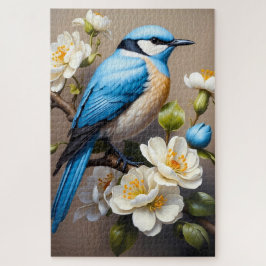 Quebra-cabeça Pássaro Azul com Flores Brancas Botânico