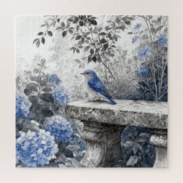 Quebra-cabeça Pássaro Azul Tinta Sobre um Banco de Jardim de Ped (Vertical)