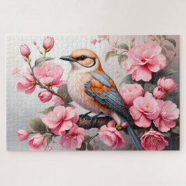 Quebra-cabeça Passaro Bege Laranja com Flores Rosa