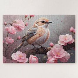 Quebra-cabeça Pássaro Bege Suave com Flores Cor-de-Rosa