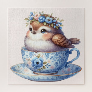 Quebra-cabeça Pássaro Bonito na Teacup Floral Cottagecore Art