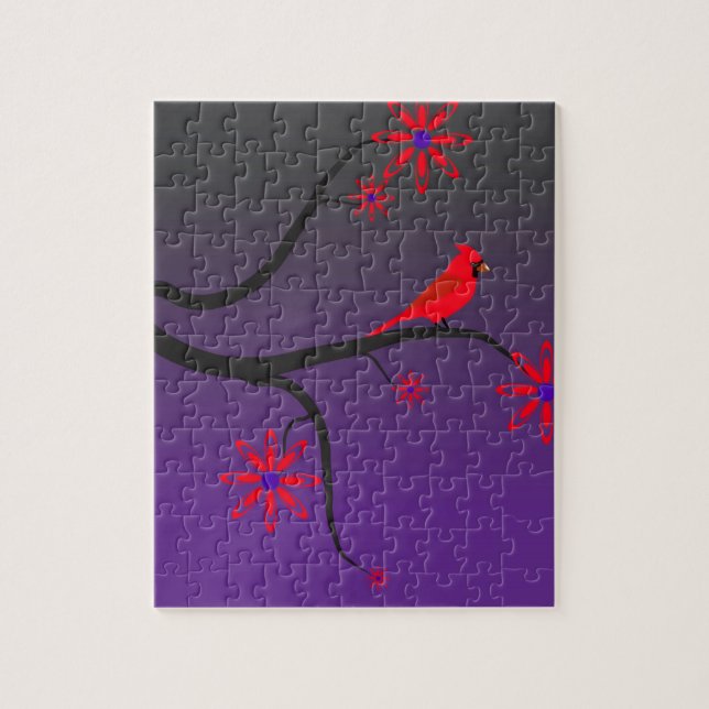 Quebra-cabeça Pássaro cardinal vermelho em uma árvore no fundo (Vertical)