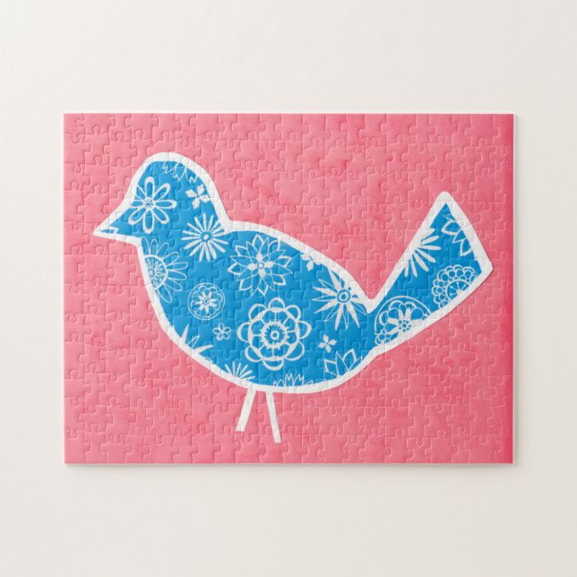 Quebra-cabeça Pássaro Decorativo com Padrões em Fundo Rosa (Horizontal)