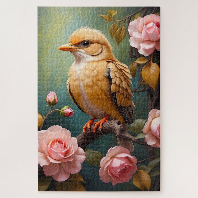 Quebra-cabeça Pássaro Dourado com Rosas Cor-de-Rosa Botânico (Vertical)