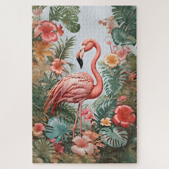 Quebra-cabeça Pássaro Flamingo Rosa Elegante e Flores Tropicais (Vertical)
