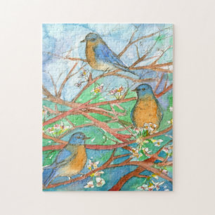 Quebra-cabeça Pássaros Azuis Na Pintura Da Aquarela De Árvore