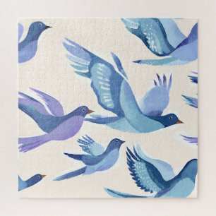 Quebra-cabeça Pássaros Azuis Voando Aquarela Moderna