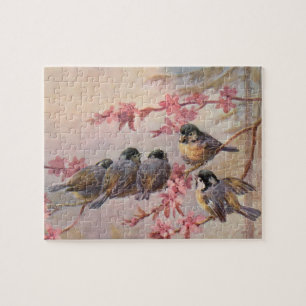 Quebra-cabeça Pássaros Chickadee em Flores Rosa Antiga Primavera
