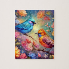 Quebra-cabeça Pássaros Coloridos no Ramo Rosa Rosa Rosa Azul 99