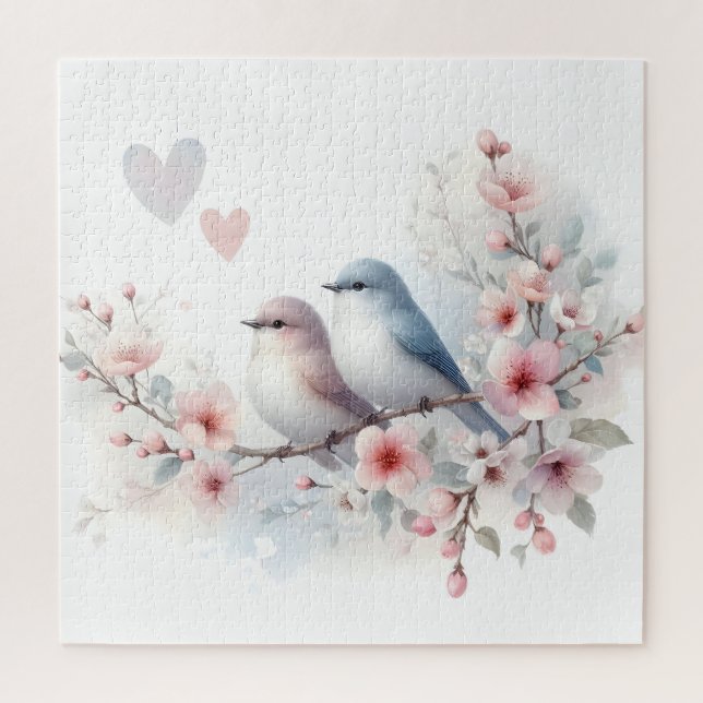 Quebra-cabeça Pássaros de Amor Romântico Ramo de Flor de Cerejei (Vertical)