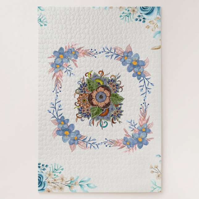 Quebra-cabeça Pastel Calmo em Flor - Floral Azul e Rosa (Vertical)