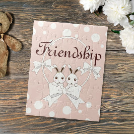 Quebra-cabeça Pastel Rosa Fita Branco Bege Adorável Coelho Gêmeo