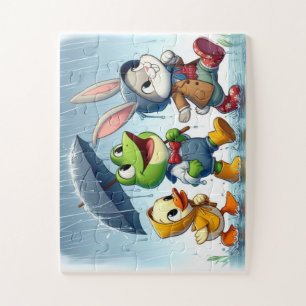 Quebra-cabeça Pato bonito, sapo, coelho na chuva
