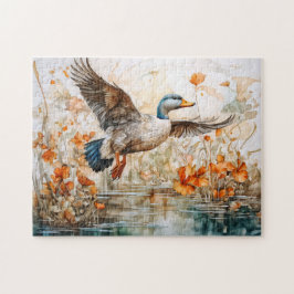 Quebra-cabeça Pato-real voando acima de lago com flores