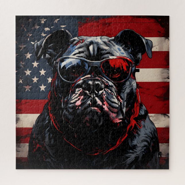Quebra-cabeça Patriot Bulldog com bandeira americana 4 de julho (Vertical)