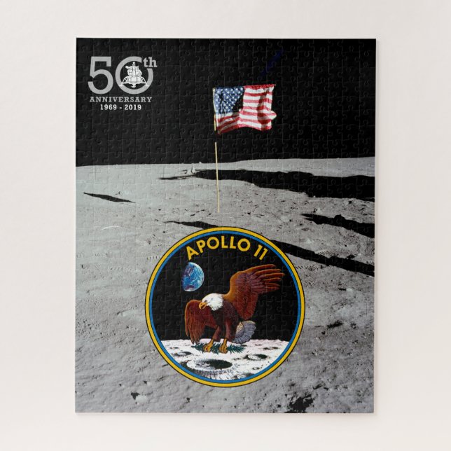Quebra-cabeça Patriotic Apollo 11 Moon Mission patch e bandeira, (Vertical)