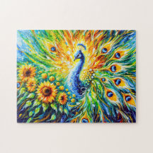 Pavão Abstrato com Girassóis em Pintura